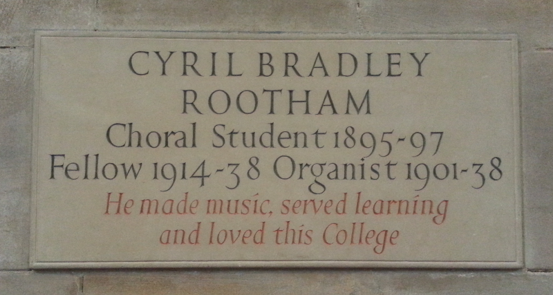 Plaque in memory of Cyril Rootham. in the Chapel of St John's College, Cambridge